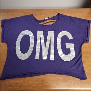 Stargazer Large purple shirt with OMG in silver on the front and laser cut back.